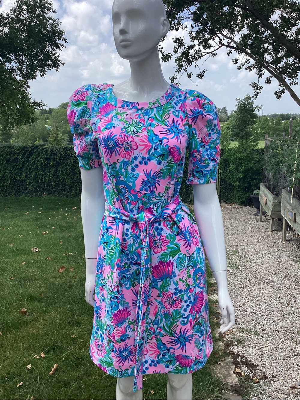 Lilly Pulitzer “Harriet” Pink, Blue & Green Floral Puff-Sleeve Mini Dress